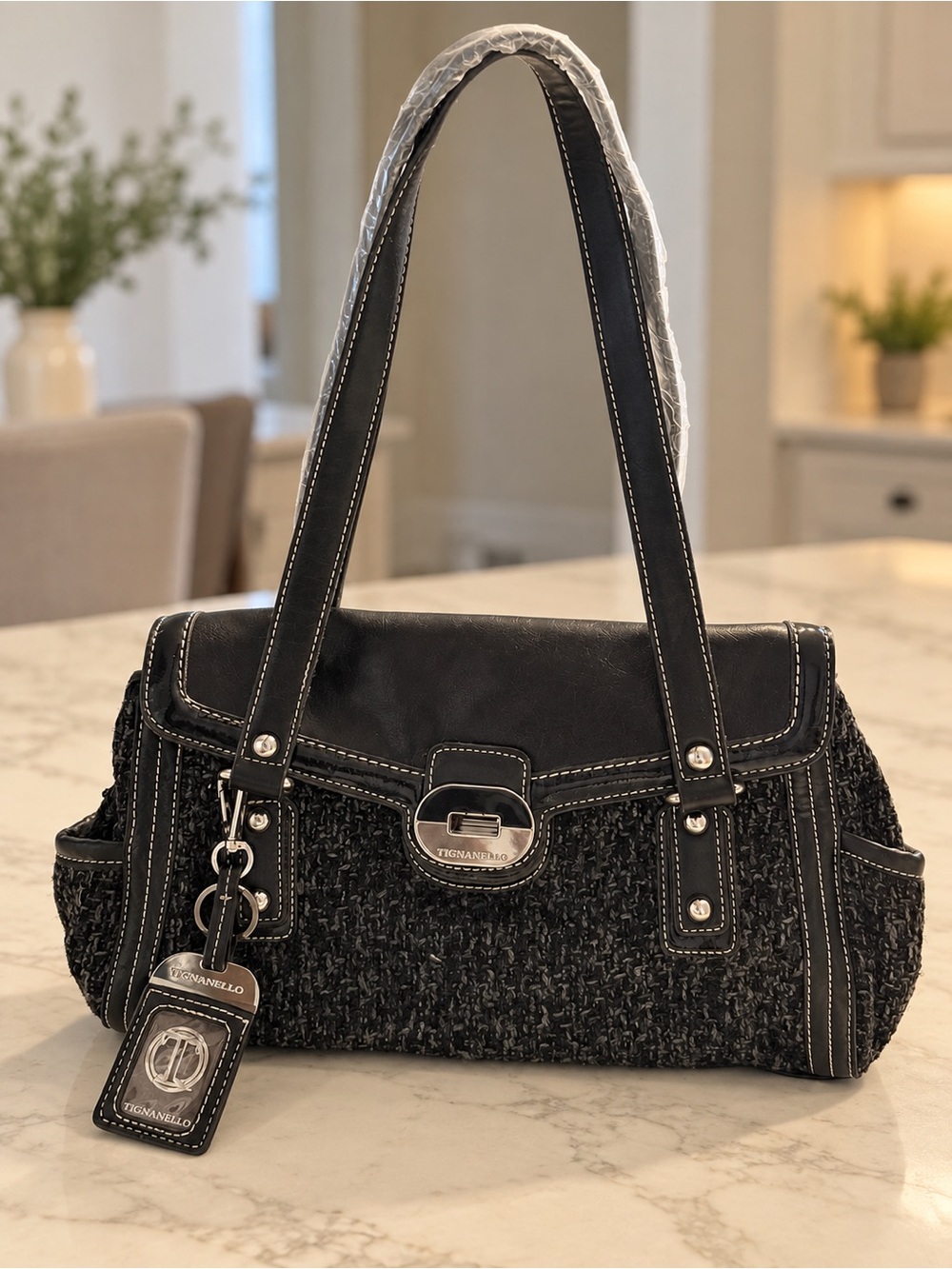 Tignanello Black Tweed & Leather Satchel with Silver Hardware